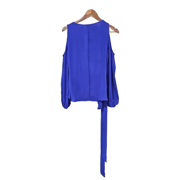 Artelier Nicole Miller Cold Shoulder Silk Wrap Blouse Blue Size S NWT - Picture 3 of 9